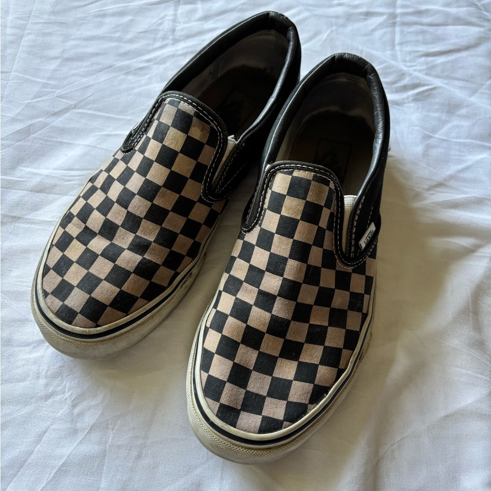 Vans Black and Tan Checkered Slip-On Shoes Skate Womens 8.5 Men’s 7